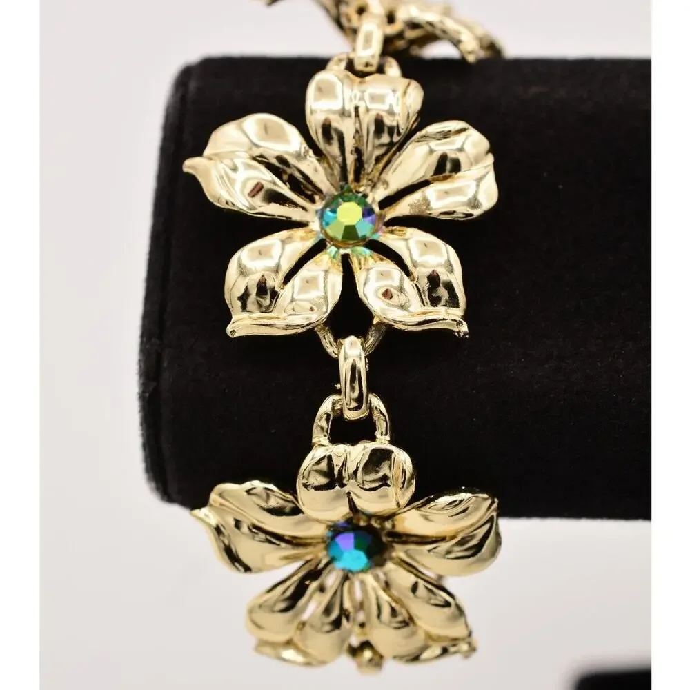Vintage Crystal Flower Bracelet AB Blue Gold Tone Linked Chunky 1980s BinD
